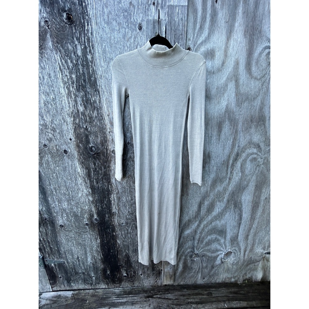 Zara Midi Dress Ribbed Knit Mock Neck Long Sleeve Slit Neutral Minimalist S